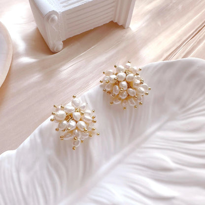 Freshwater Pearl Cluster Stud Earrings - Crafted with Brass