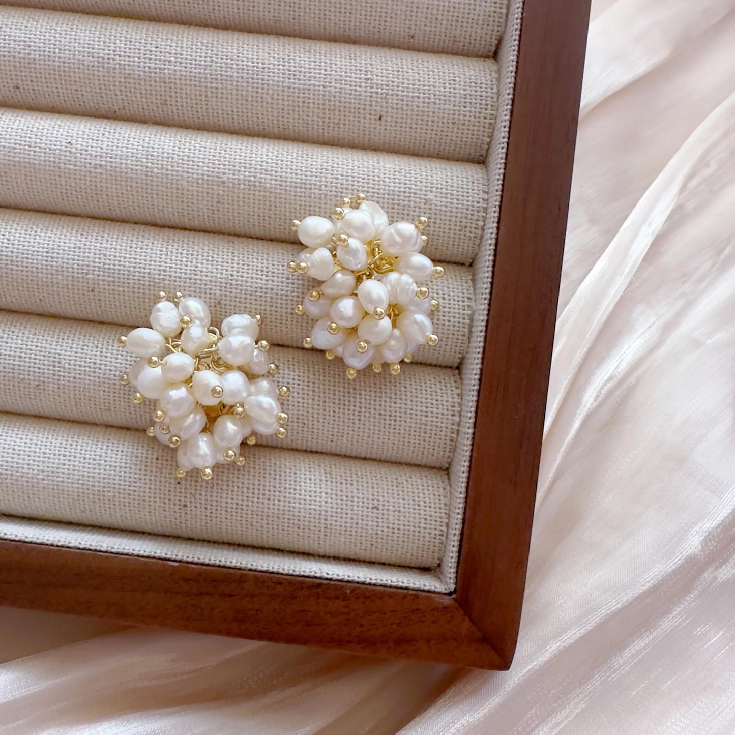Freshwater Pearl Cluster Stud Earrings - Crafted with Brass
