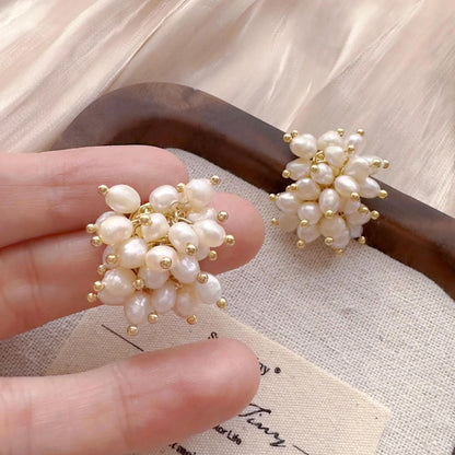 Freshwater Pearl Cluster Stud Earrings - Crafted with Brass