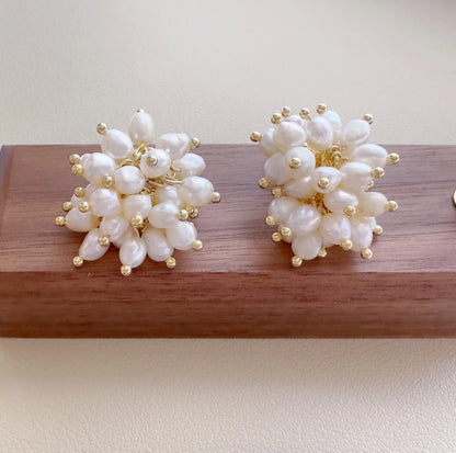 Freshwater Pearl Cluster Stud Earrings - Crafted with Brass