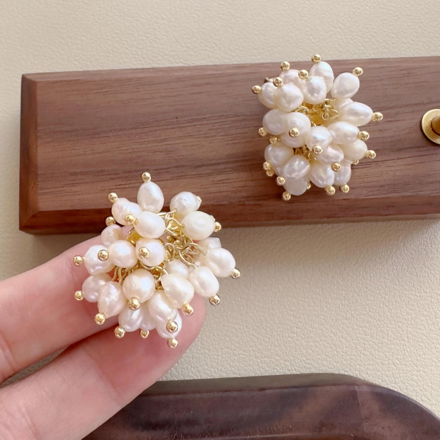 Freshwater Pearl Cluster Stud Earrings - Crafted with Brass