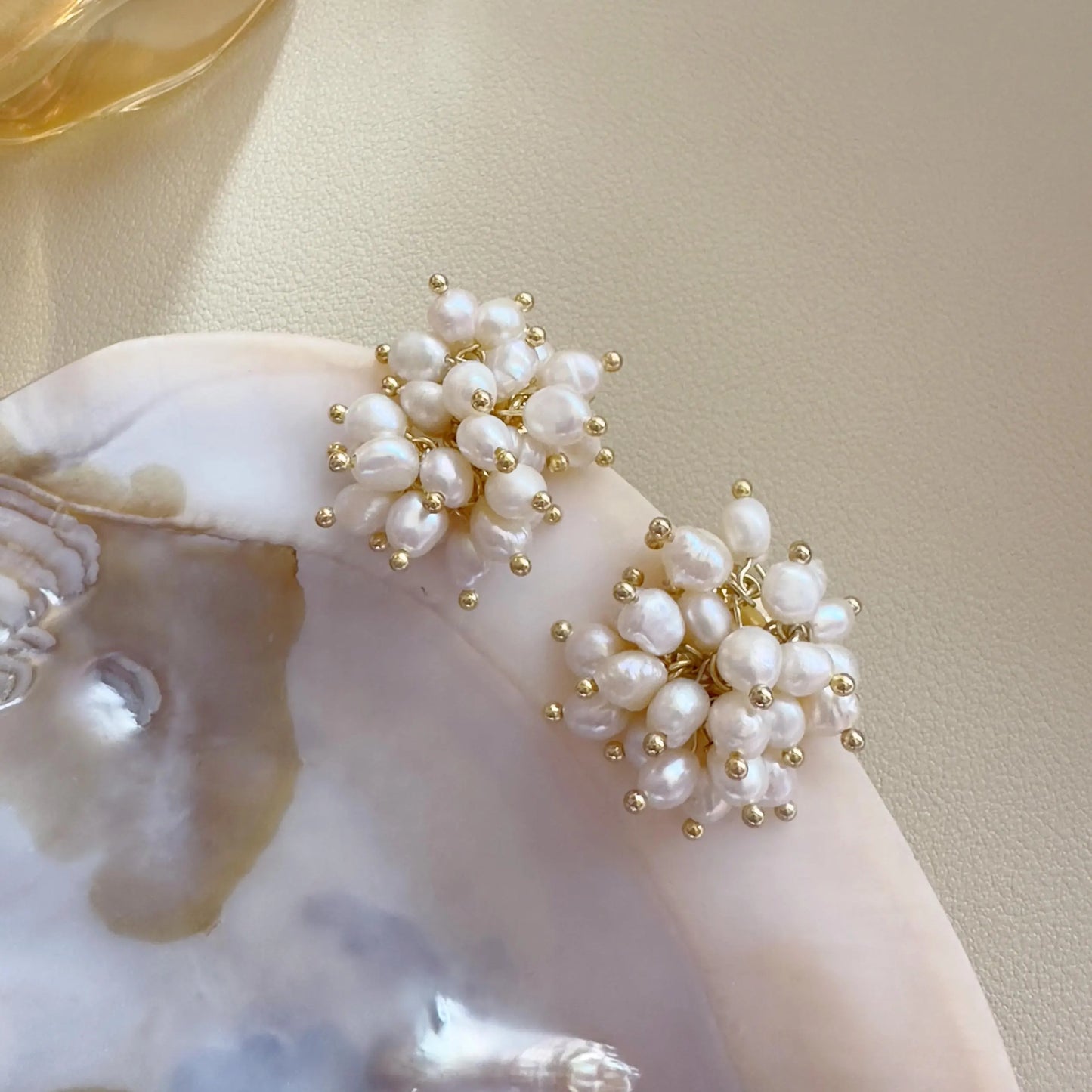 Freshwater Pearl Cluster Stud Earrings - Crafted with Brass
