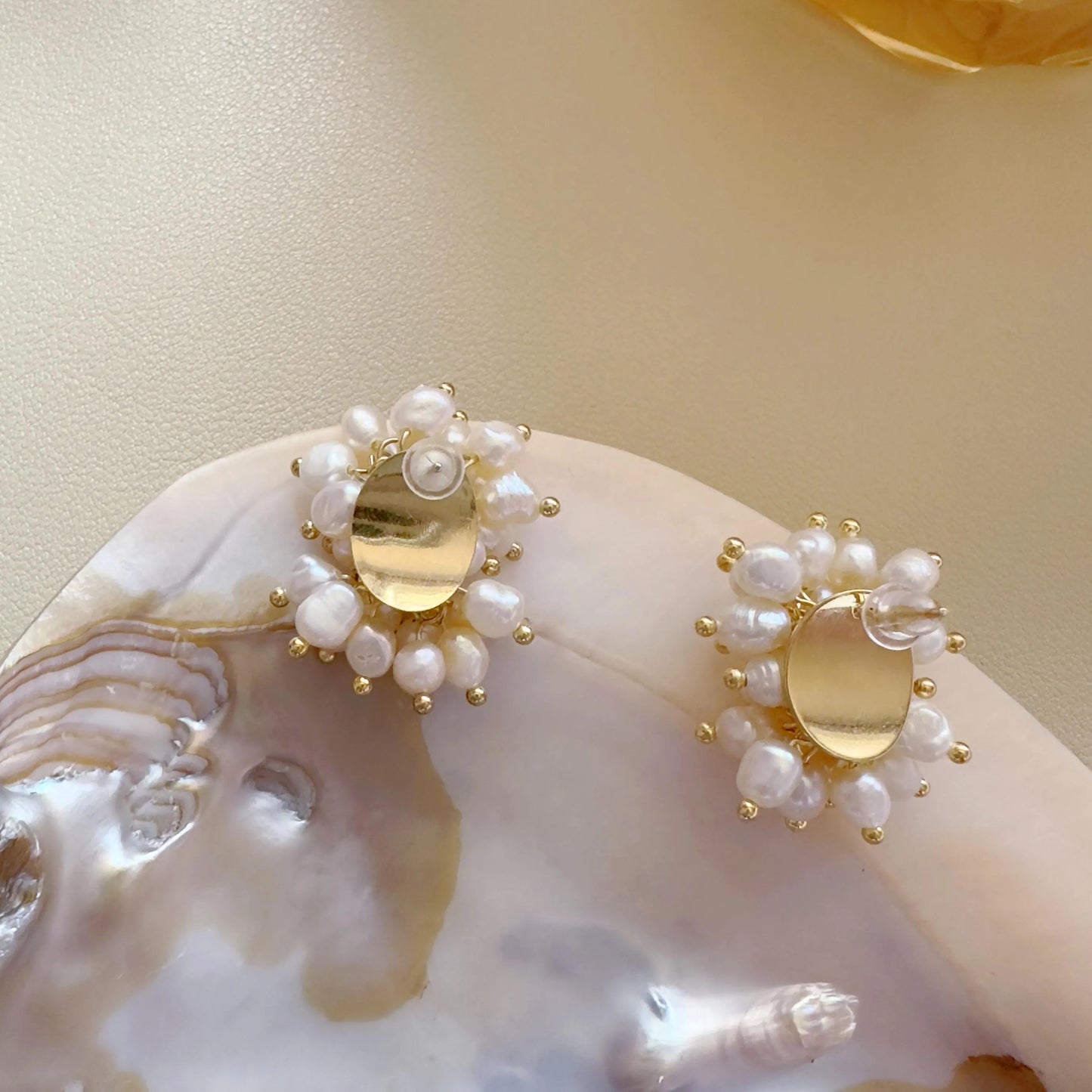 Freshwater Pearl Cluster Stud Earrings - Crafted with Brass
