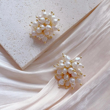 Freshwater Pearl Cluster Stud Earrings - Crafted with Brass