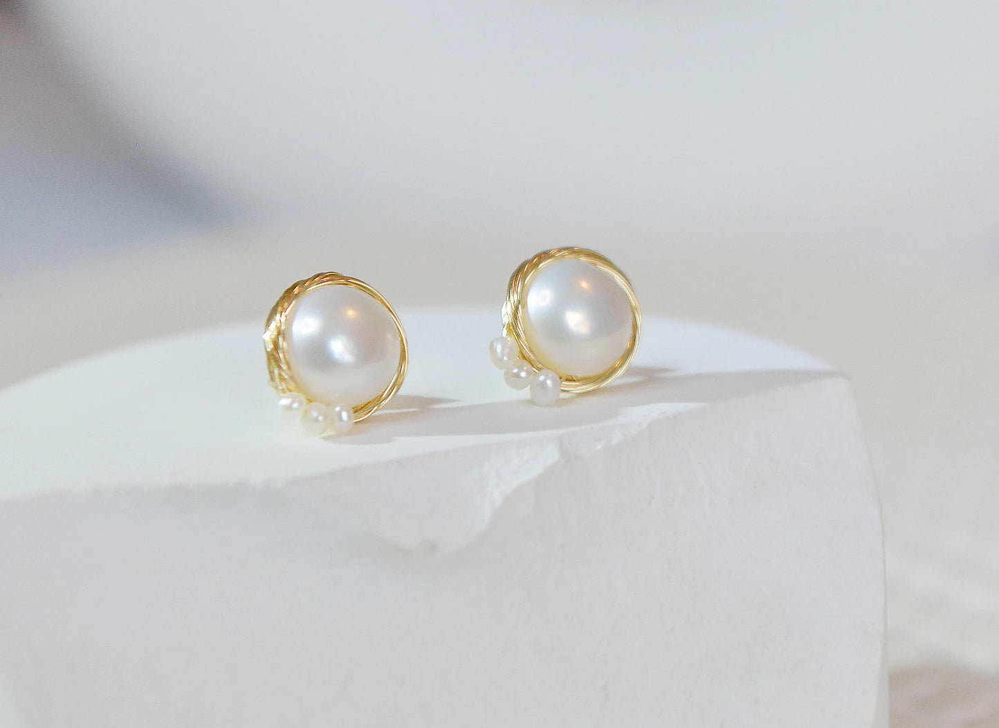 Gold Bird Nest Pearl Stud Earrings - Crafted with Copper, Yellow gold