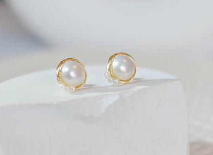 Gold Bird Nest Pearl Stud Earrings - Crafted with Copper, Yellow gold