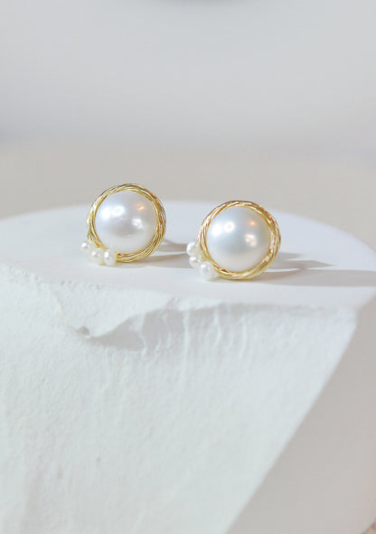 Gold Bird Nest Pearl Stud Earrings - Crafted with Copper, Yellow gold