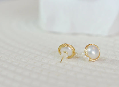 Gold Bird Nest Pearl Stud Earrings - Crafted with Copper, Yellow gold