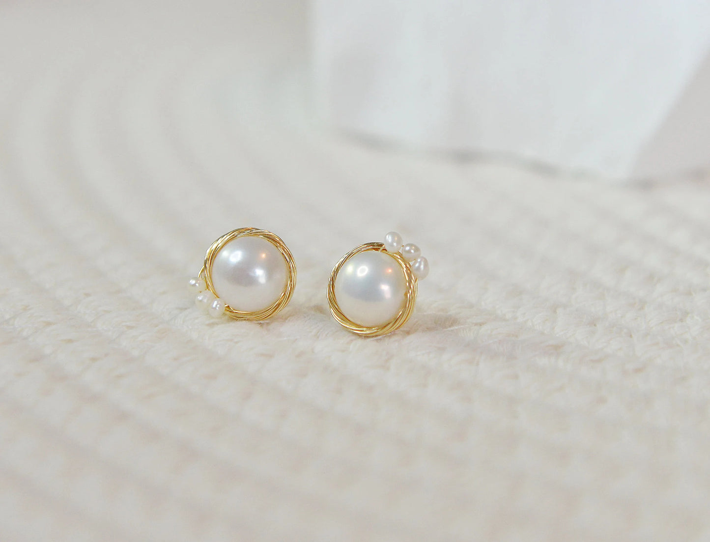 Gold Bird Nest Pearl Stud Earrings - Crafted with Copper, Yellow gold
