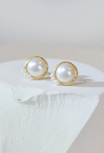 Gold Bird Nest Pearl Stud Earrings - Crafted with Copper, Yellow gold