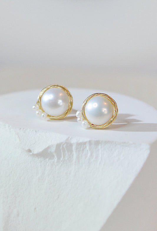 Gold Bird Nest Pearl Stud Earrings - Crafted with Copper, Yellow gold