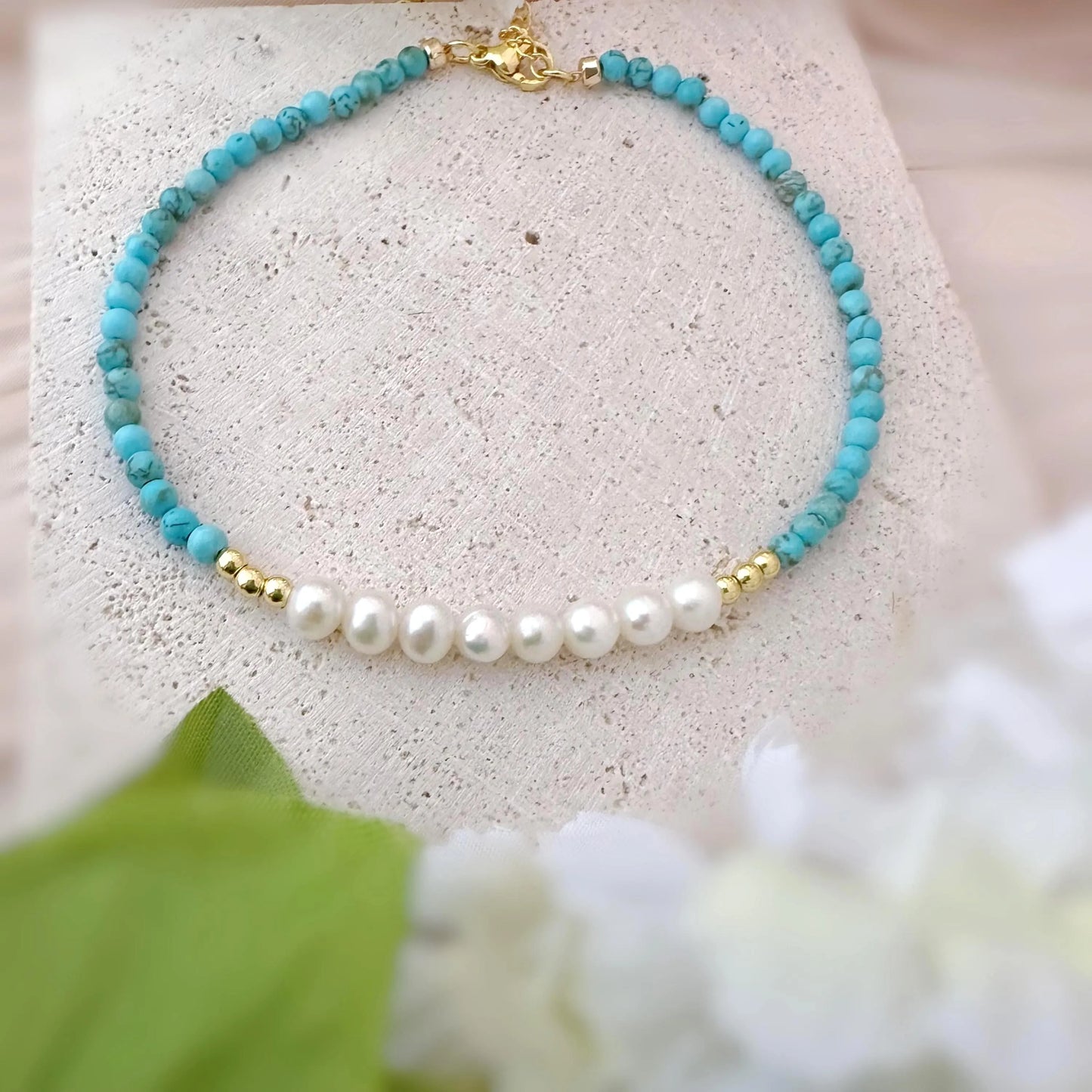 Turquoise Pearl Necklace - Crafted with Brass, Stone
