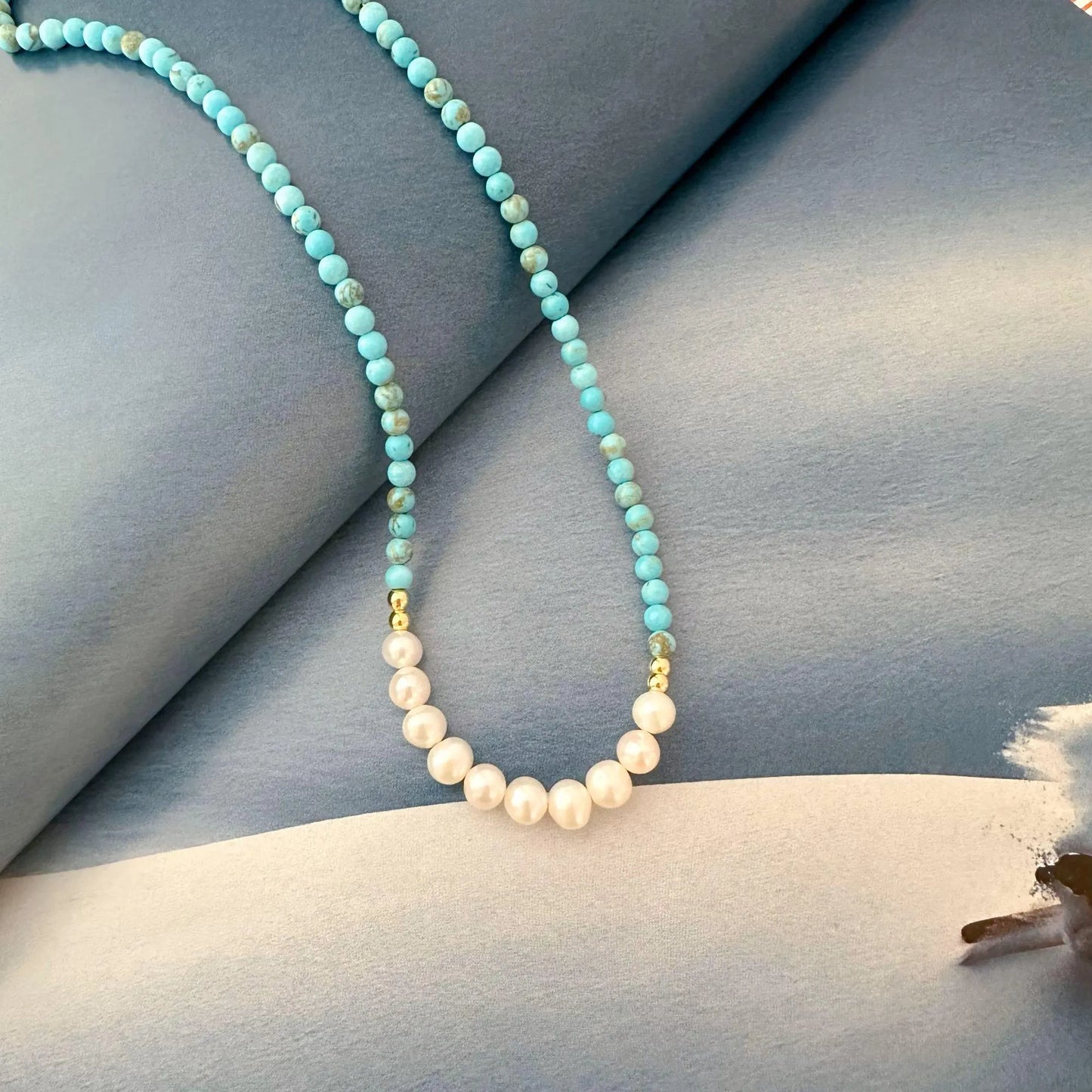 Turquoise Pearl Necklace - Crafted with Brass, Stone