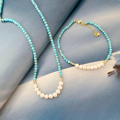 Turquoise Pearl Necklace - Crafted with Brass, Stone