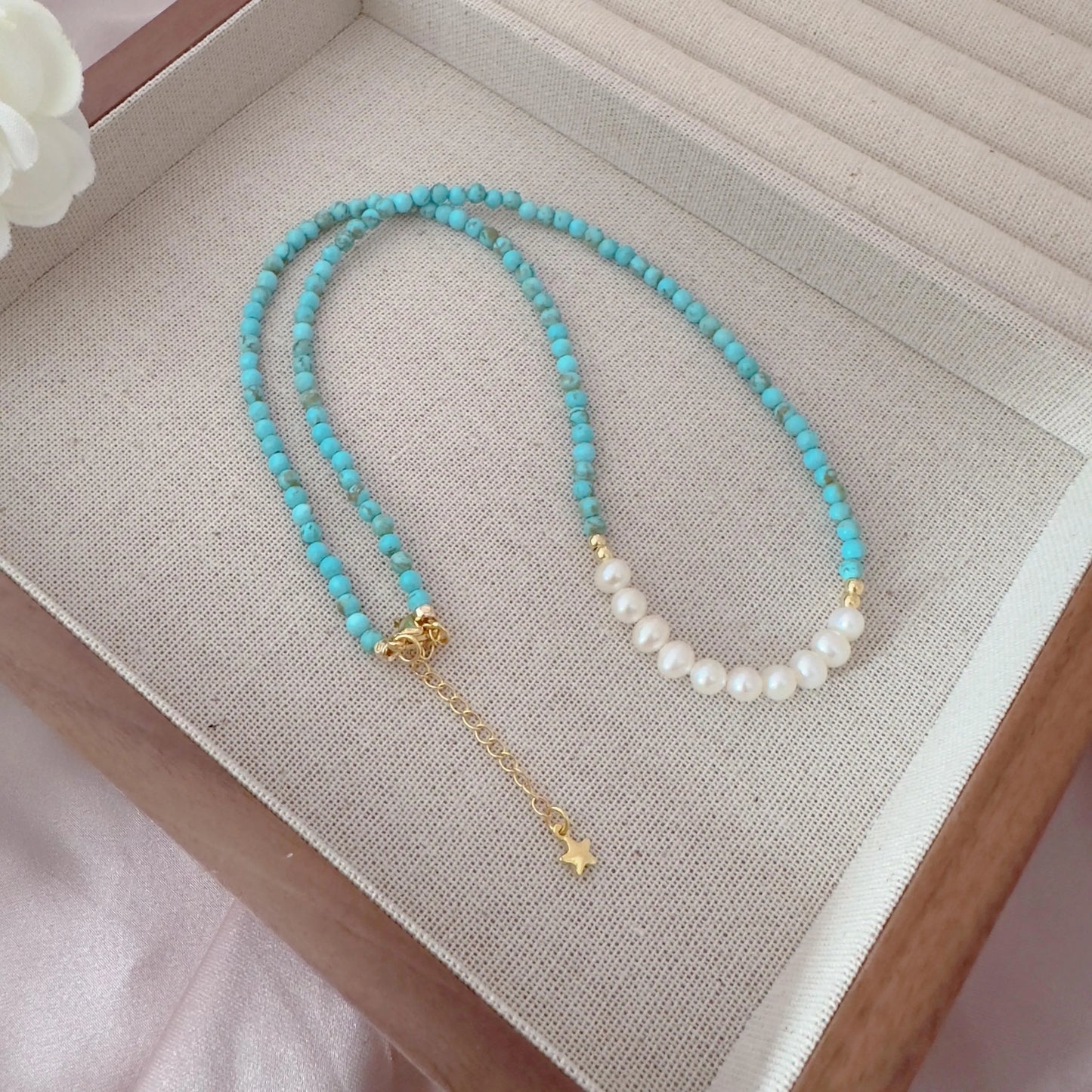 Turquoise Pearl Necklace - Crafted with Brass, Stone