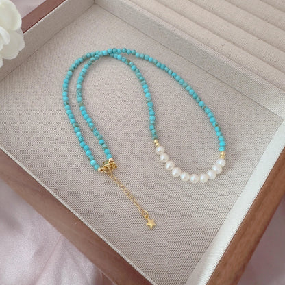 Turquoise Pearl Necklace - Crafted with Brass, Stone