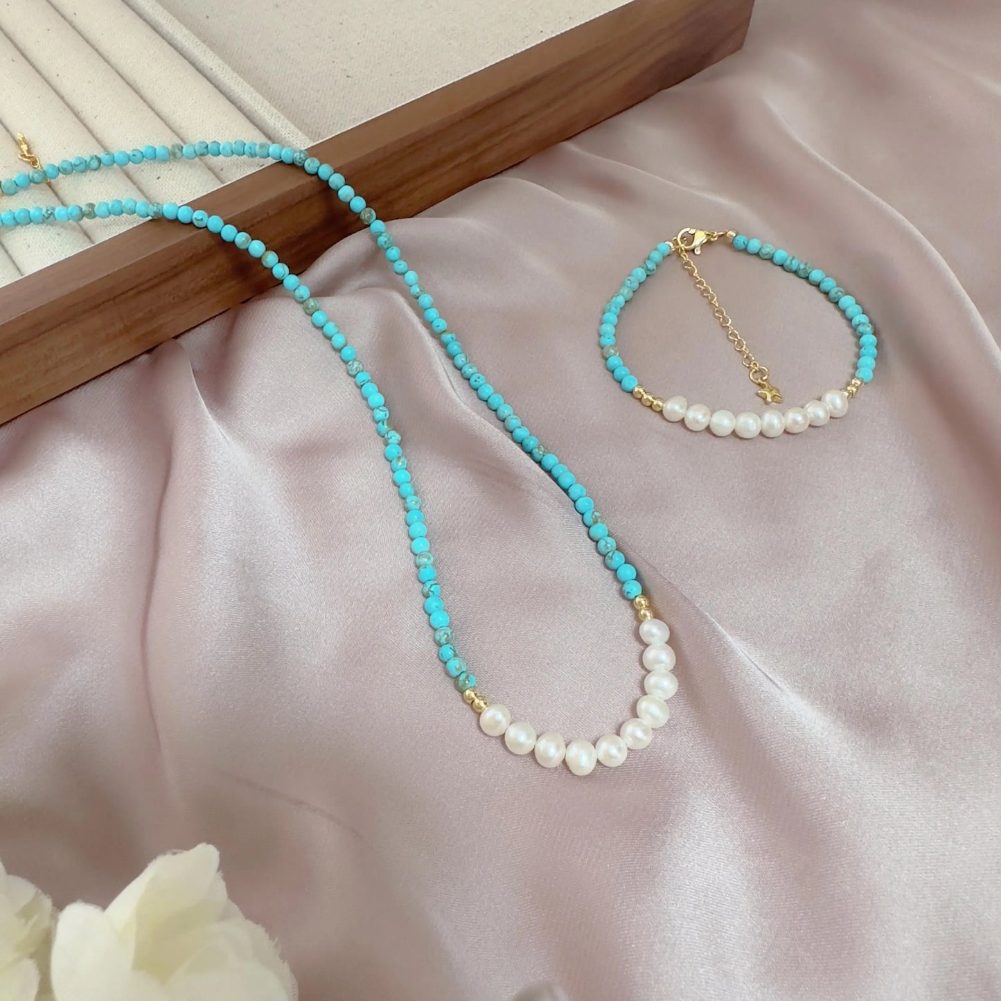 Turquoise Pearl Necklace - Crafted with Brass, Stone