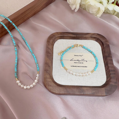 Turquoise Pearl Necklace - Crafted with Brass, Stone