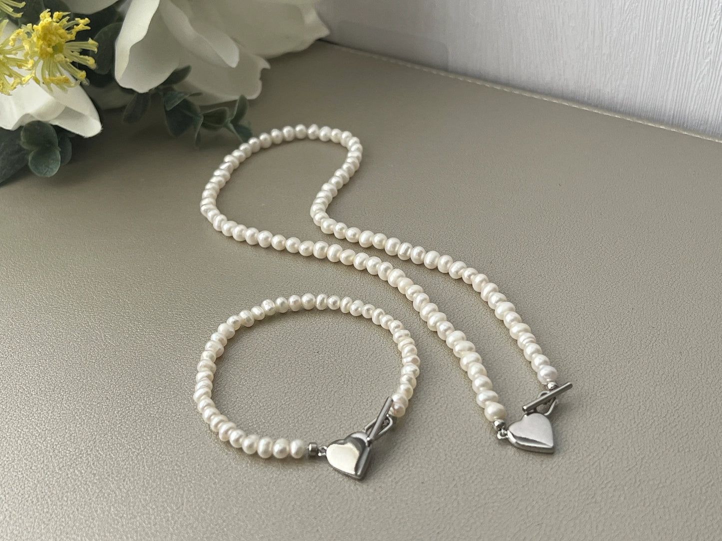 Freshwater Pearl Necklace with Silver Heart Pendant - Crafted with