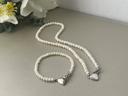 Freshwater Pearl Necklace with Silver Heart Pendant - Crafted with
