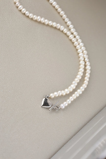 Freshwater Pearl Necklace with Silver Heart Pendant - Crafted with