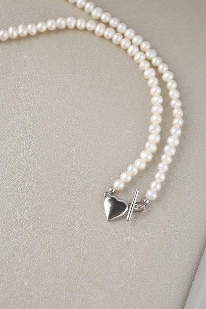 Freshwater Pearl Necklace with Silver Heart Pendant - Crafted with