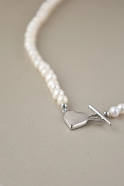 Freshwater Pearl Necklace with Silver Heart Pendant - Crafted with