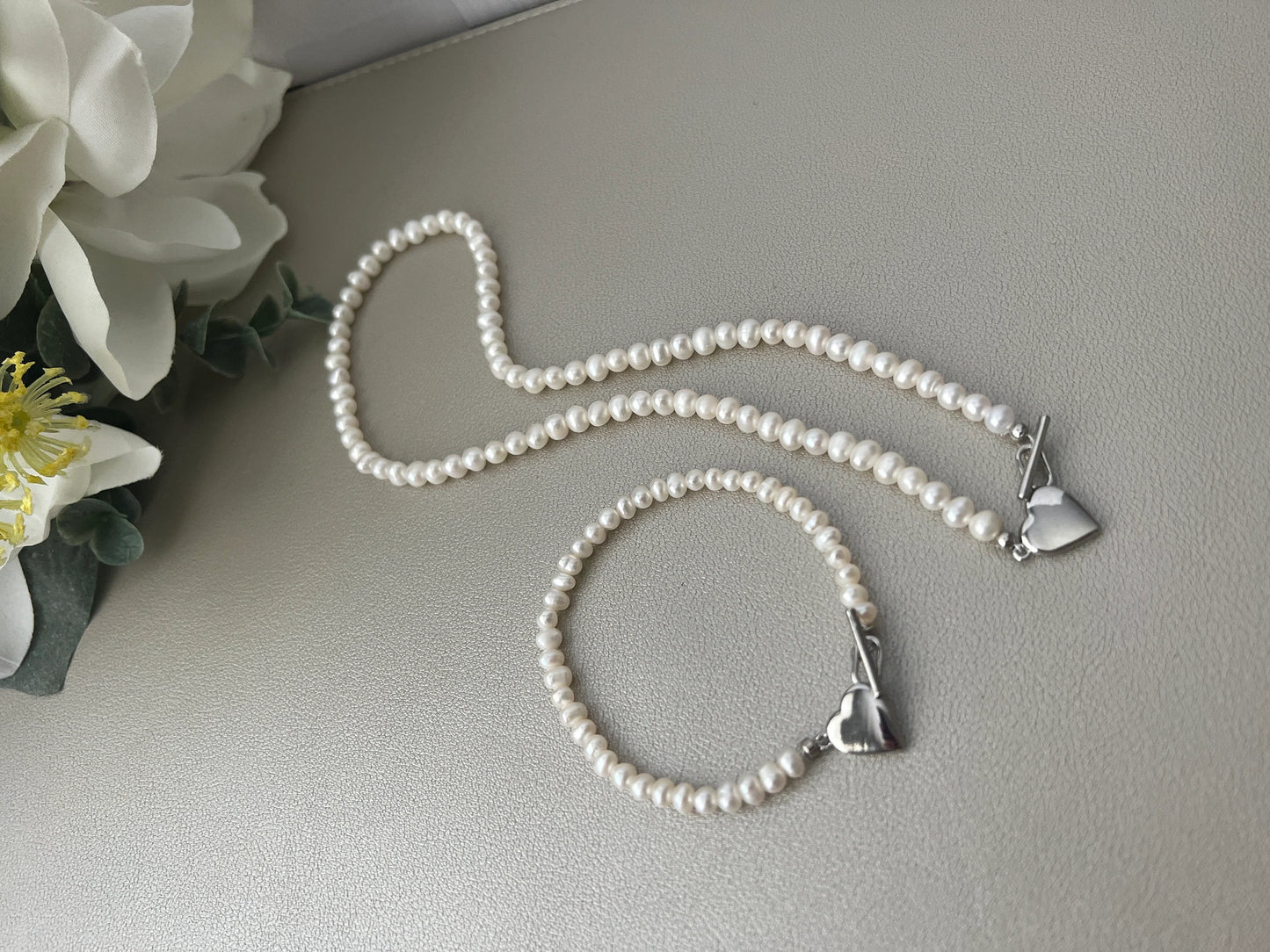 Freshwater Pearl Necklace with Silver Heart Pendant - Crafted with