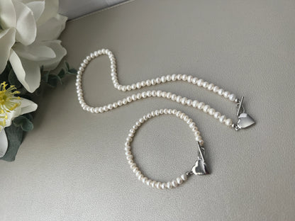 Freshwater Pearl Necklace with Silver Heart Pendant - Crafted with