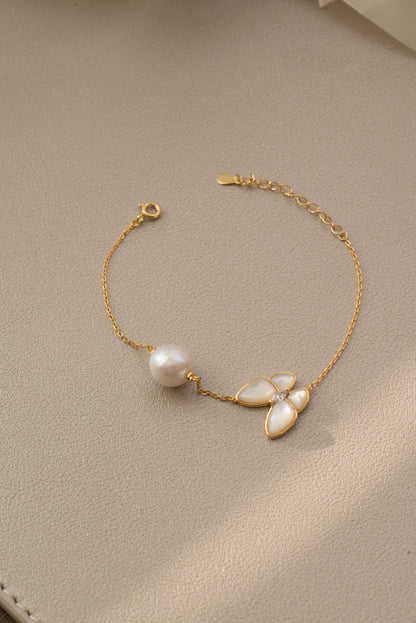 Handmade Gold Butterfly Freshwater Pearl Necklace & Bracelet Set
