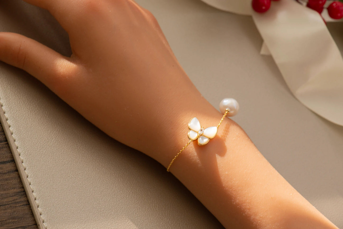 Handmade Gold Butterfly Freshwater Pearl Necklace & Bracelet Set