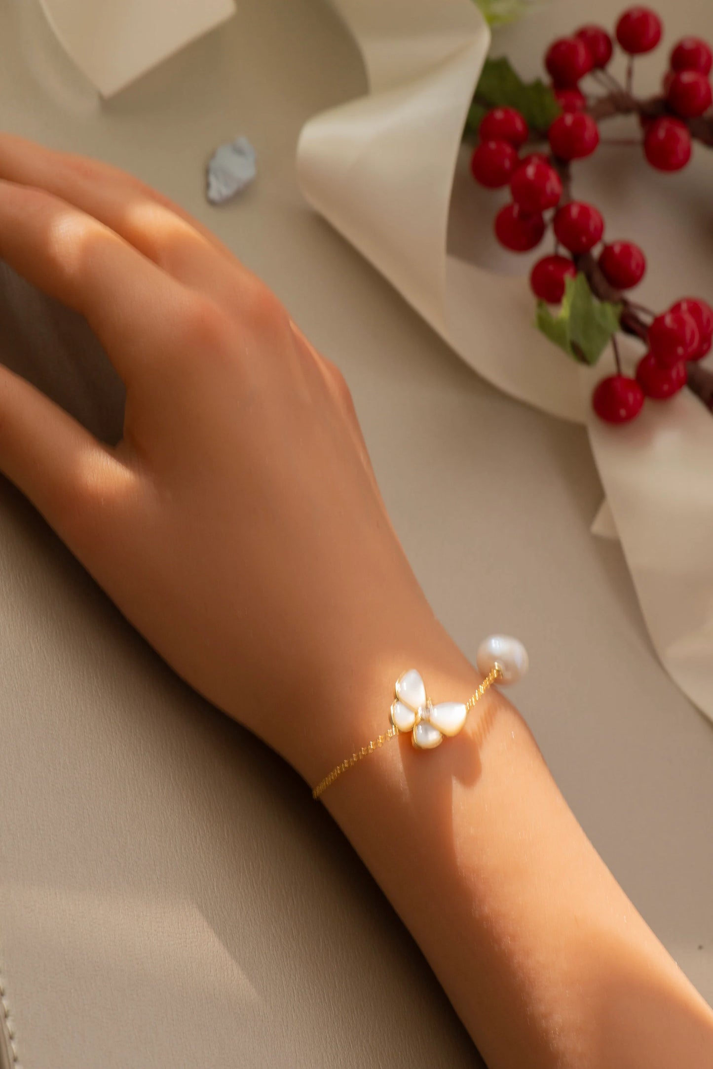 Handmade Gold Butterfly Freshwater Pearl Necklace & Bracelet Set