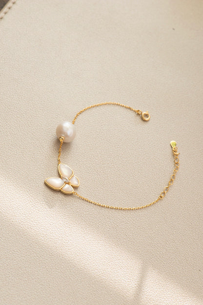Handmade Gold Butterfly Freshwater Pearl Necklace & Bracelet Set