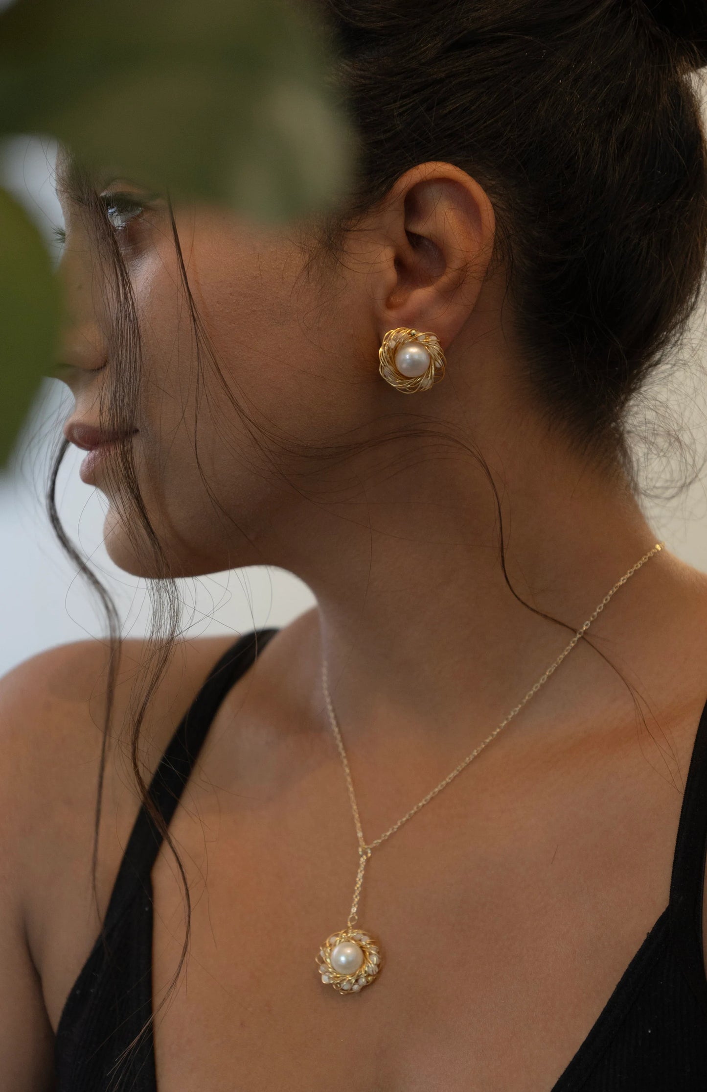 Handmade Gold Bird Nest Pearl Stud Earrings - Crafted with Copper