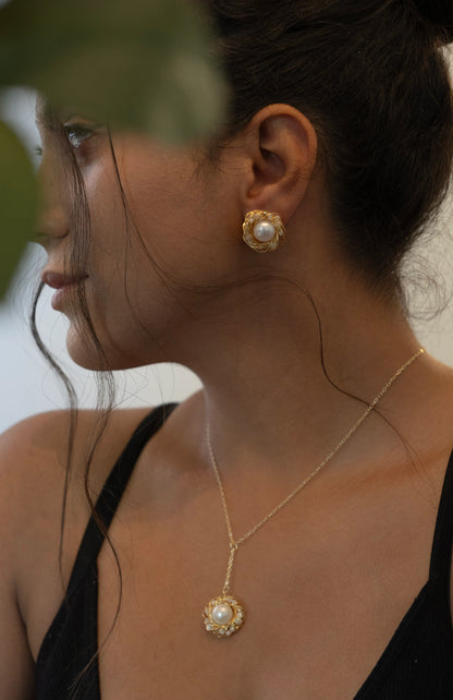 Handmade Gold Bird Nest Pearl Stud Earrings - Crafted with Copper