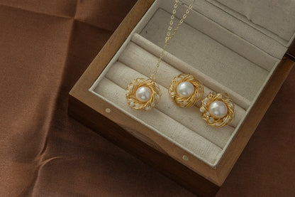 Handmade Gold Bird Nest Pearl Stud Earrings - Crafted with Copper