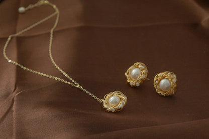 Handmade Gold Bird Nest Pearl Stud Earrings - Crafted with Copper