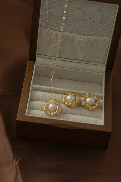 Handmade Gold Bird Nest Pearl Stud Earrings - Crafted with Copper