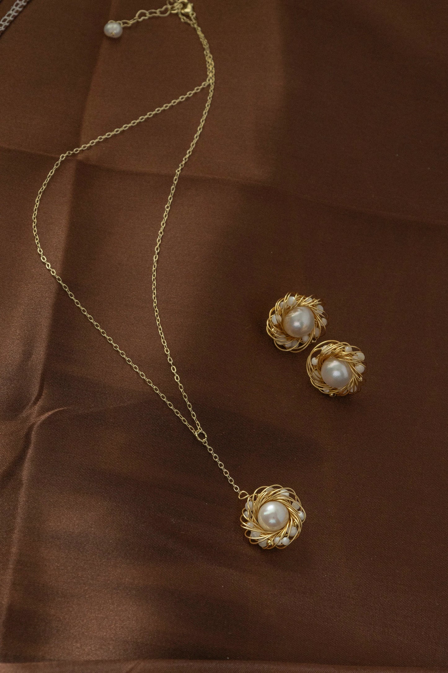 Handmade Gold Bird Nest Pearl Stud Earrings - Crafted with Copper