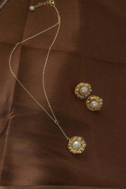 Handmade Gold Bird Nest Pearl Stud Earrings - Crafted with Copper