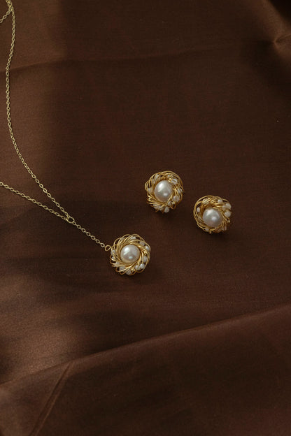 Handmade Gold Bird Nest Pearl Stud Earrings - Crafted with Copper