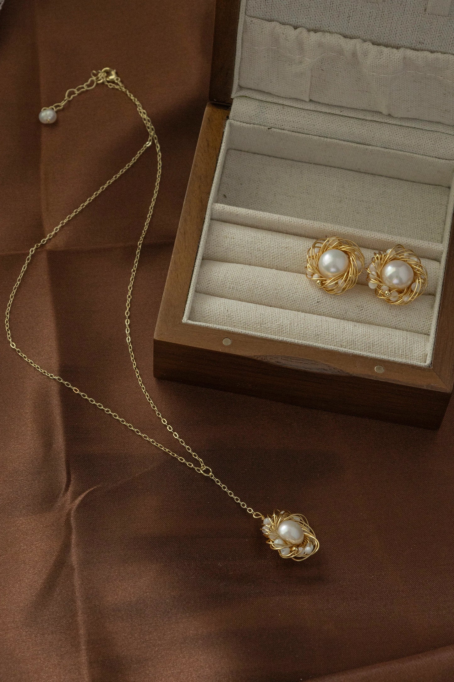 Handmade Gold Bird Nest Pearl Stud Earrings - Crafted with Copper