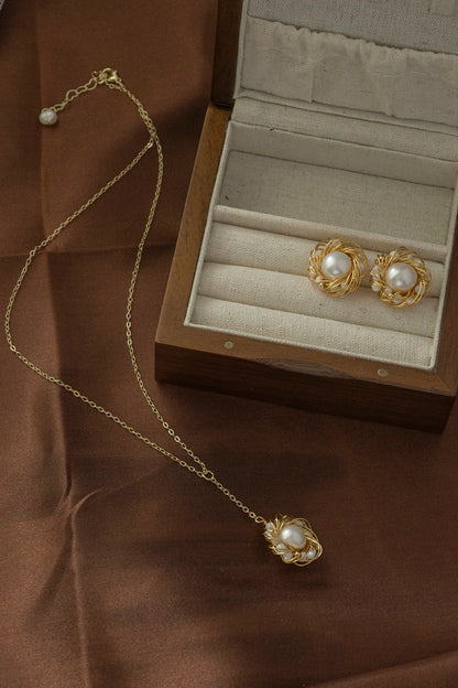 Handmade Gold Bird Nest Pearl Stud Earrings - Crafted with Copper
