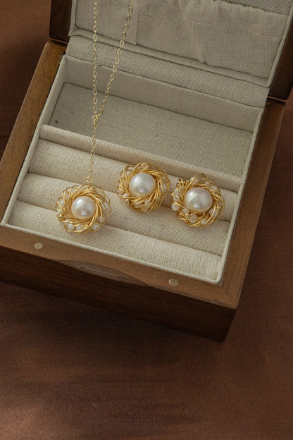 Handmade Gold Bird Nest Pearl Stud Earrings - Crafted with Copper