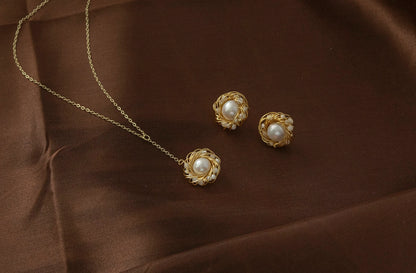 Handmade Gold Bird Nest Pearl Stud Earrings - Crafted with Copper
