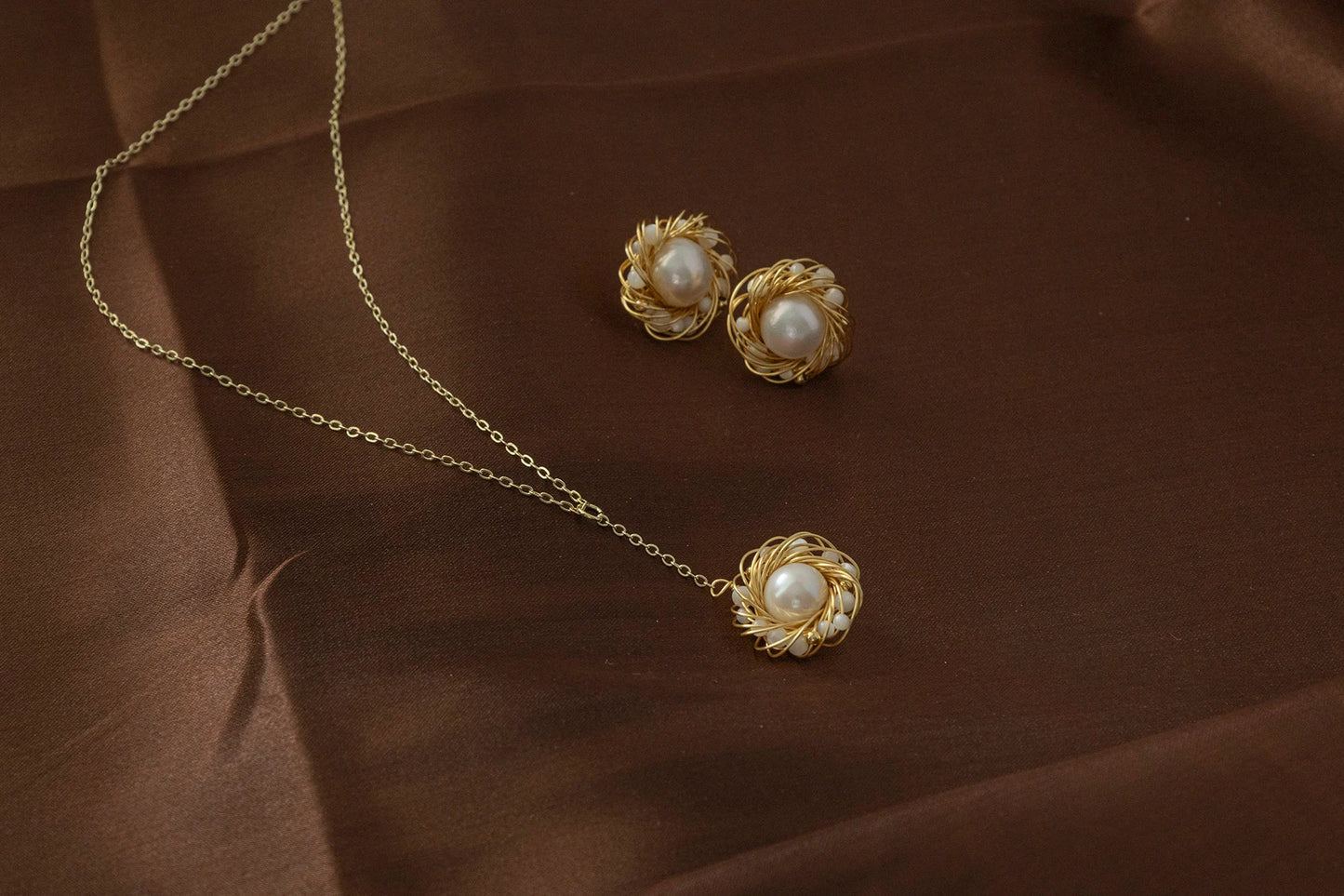 Handmade Gold Bird Nest Pearl Stud Earrings - Crafted with Copper