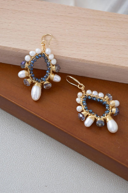 Beaded Teardrop Pearl Earrings - Crafted with freshwater pearl