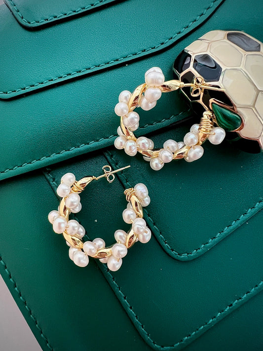 Handmade Freshwater Pearl Hoop Earrings - Crafted with Brass