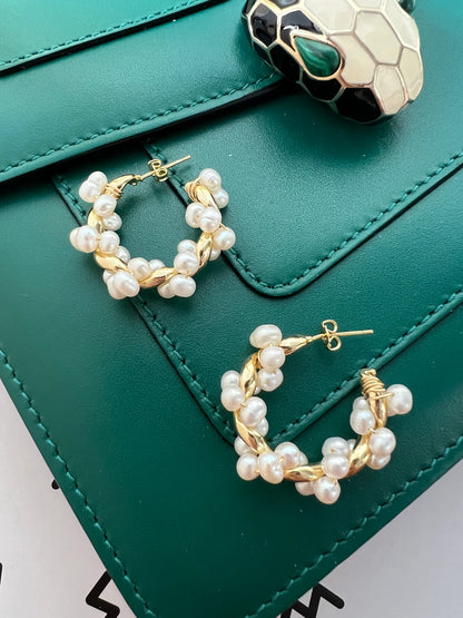 Handmade Freshwater Pearl Hoop Earrings - Crafted with Brass