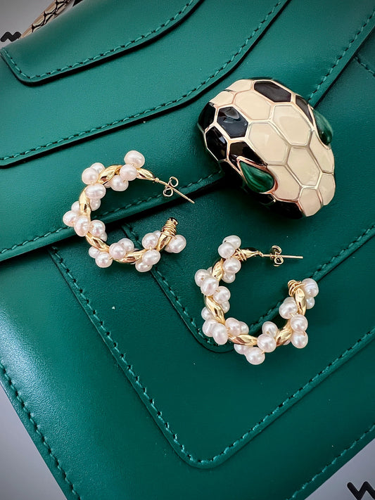 Handmade Freshwater Pearl Hoop Earrings - Crafted with Brass